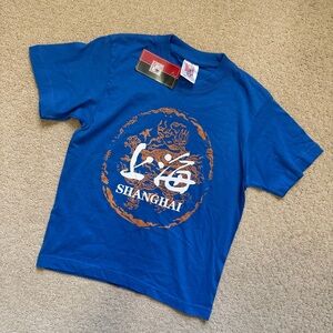 SHANGHAI Boys Small Short Sleeve T-Shirt Blue Dragon Graphic 100% Cotton NWT